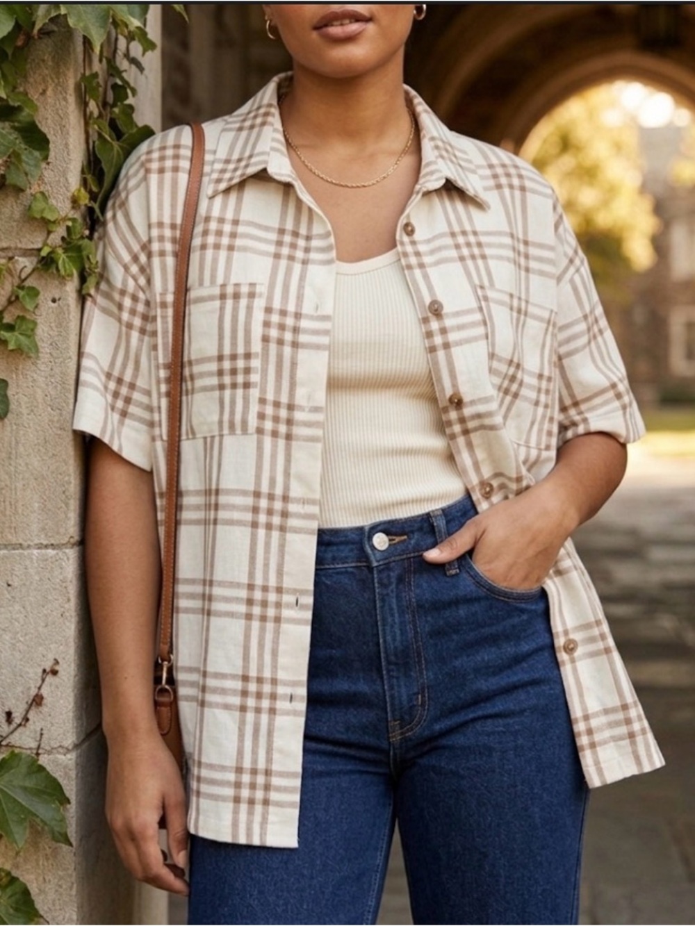Princess Polly Plaid Button Down Shirt L/XL Neutral Tan Ivory Oversized Boxy